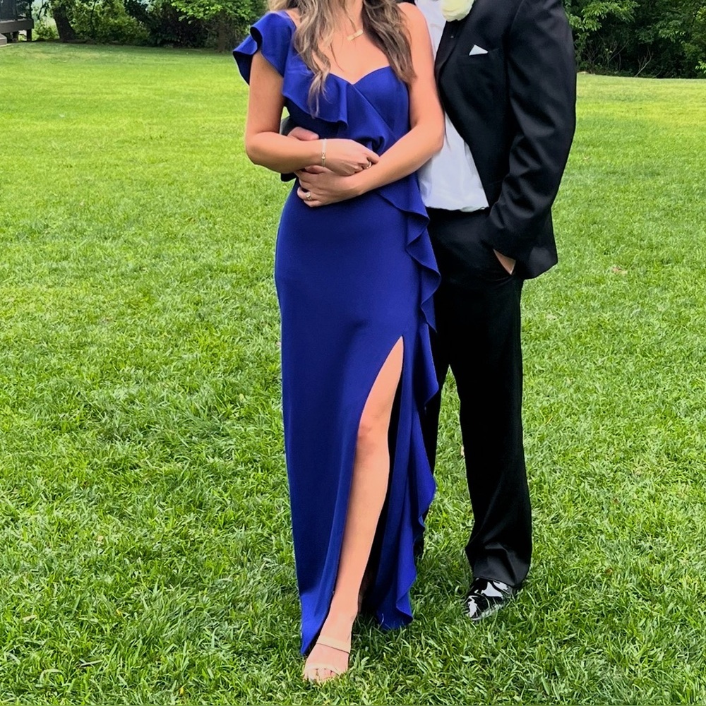 Aidan Mattox Cobalt Blue One-Shoulder Ruffle Gown